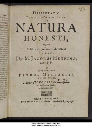 Dissertatio Practico-Philosophica De Natura Honesti