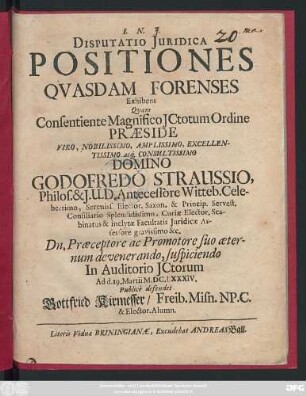 Disputatio Iuridica Positiones Quasdam Forenses Exhibens