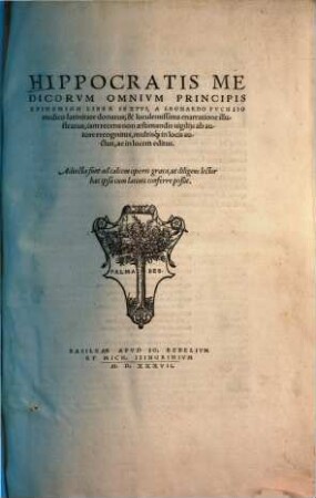 Hippocratis medicorum omnium principis Epidemiōn liber sextus