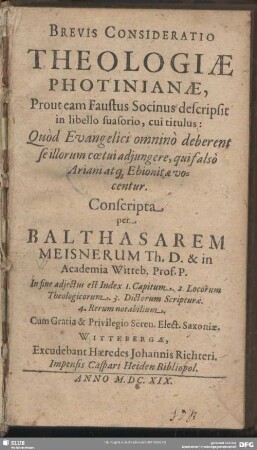 Brevis consideratio theologiae Photinianae, prout eam faustus Socinus descripsit