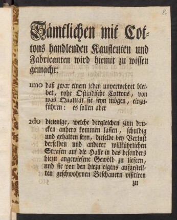 0b-6v, Sämtlichen mit Cottons handlenden Kaufleuten und Fabricanten wird hiemit zu wissen gemacht.