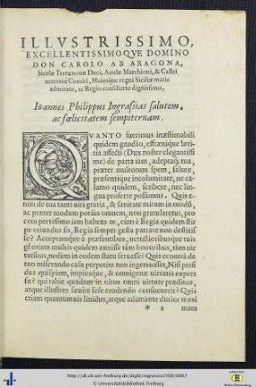 Illustrissimo Excellentissimoque Domino Don Carolo Ab Aragona ... Ioannes Philippus Ingrassias salutem, ac foelicitatem sempiternam.
