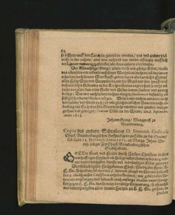 Copia des andern Schreibens D. Simonis Gedicci, ... sub dato 18. Septemb. Anno 1613 ...