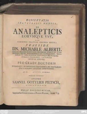 Dissertatio Inavgvralis Medica, De Analepticis Eorvmqve Vsv