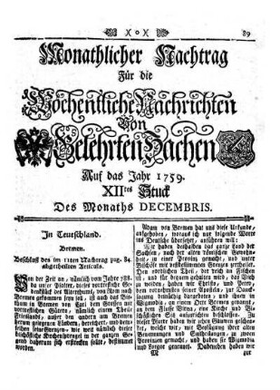 Monathlicher Nachtrag [...] XIItes Stuck Des Monaths Decembris