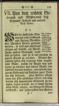 VII. Von dem rechten Gebrauch und Mißbrauch deß Schnupff-Tobacks und anderer Nieß-Pulver