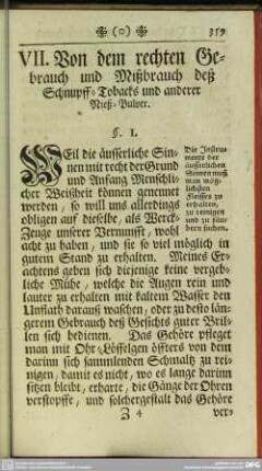 VII. Von dem rechten Gebrauch und Mißbrauch deß Schnupff-Tobacks und anderer Nieß-Pulver