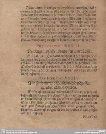 Propositio XXXIII. Die Kugeln pfeissen bisweilen in der Lufft.
