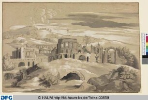 Blick auf das Forum Boarium mit Vestatempel, im Vordergrund Marcellustheater