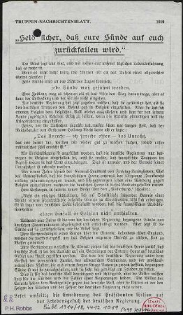 Truppen-Nachrichtenblatt : "Seid sicher, daß eure Sünde auf euch zurückfallen wird" ...
