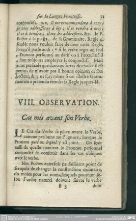 VIII. Observation. Cas mis avant son Verbe