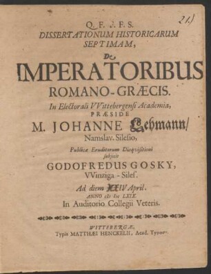Dissertationum Historicarum Septimam, De Imperatoribus Romano-Graecis