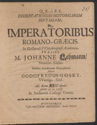 Dissertationum Historicarum Septimam, De Imperatoribus Romano-Graecis