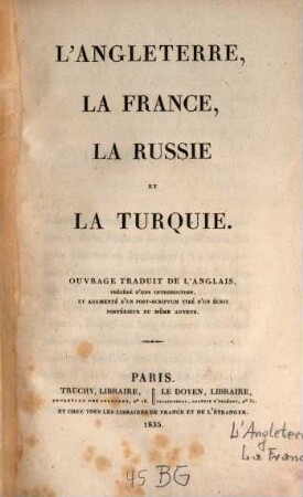 L' Angleterre, la France, la Russie et la Turquie