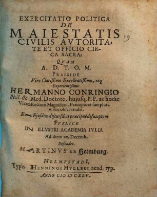 Exercitatio politica De maiestatis civilis autoritate et officio circa sacra