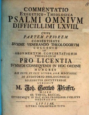 Commentatio exeg. theol. Psalmi omnium difficillimi, LXVIII.. Pars prior