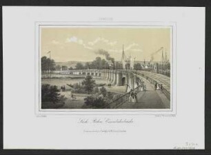 Ansicht der Marienbrücke in Dresden, Lithografie, ab 1852 : Sächs. Böhm. Eisenbahnbrücke / Naturzeichnung v. E. Müller. Lith. v. J. Riedel. - Dresden : E. Müller ; Dresden : J. Braunsdorf , [ab 1852]. - 1 Kunstbl. : getönte Lithogr. ; 17 x 11 cm