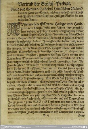 Leichenpredigt : Vortrab der Beysetz-Predigt. Text. Vorrede. Außlegung.