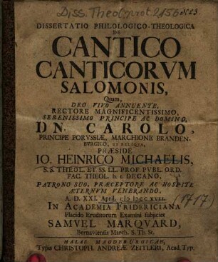 Dissertatio Philologico-Theologica De Cantico Canticorvm Salomonis