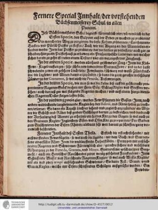 Fernere Special Innhalt/der vorstehenden Büchsenmeisterey Schul/in allen Puncten.