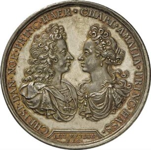 Medaille von Anton Meybusch auf die Hochzeit König Christians V. von Dänemark und Norwegen mit Prinzessin Charlotte Amalie von Hessen-Kassel, 1695