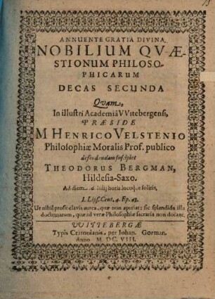 Nobilium Quaestionum Philosophicarum Decas Secunda