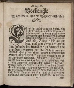 Vorbericht An den Gott- und die Wahrheit- liebenden Leser.