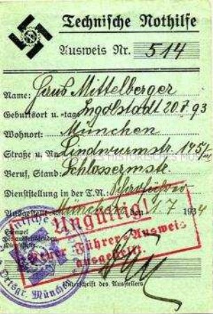 Ausweis der Technischen Nothilfe von Hans Mittelberger