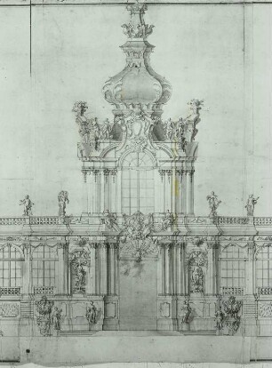 Zwinger. Entwurf zur Langgalerie mit Kronentor und weiterem Torpavillon, Aufriß, Ausschnitt Kronentor