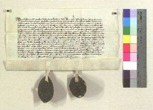 Propst Berthold und das Kapitel von Neustift bei Brixen schließen eine Gebetsverbrüderung mit Propst Ulrich und dem Kapitel von Stift St. Zeno;. S1: Propst Berthold v. Kloster Neustift bei Brixen, S2: Kapitel v. Neustift bei Brixen