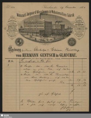 Webstuhl-Jacquard-Maschinen- & Webutensilien-Fabrik Hermann Gentsch in Glauchau : Rechnung