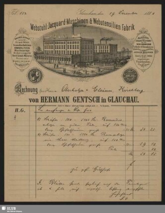 Webstuhl-Jacquard-Maschinen- & Webutensilien-Fabrik Hermann Gentsch in Glauchau : Rechnung