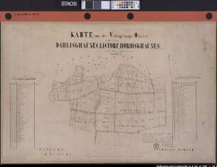 Verkoppelung der Feldmarken LINTORF, HÖRDINGHAUSEN und DAHLINGHAUSEN Karte von den Verkoppelungs-Objecten der Bauerschaften Dahlinghausen, Lintorf, Hördinghausen, Amt's Wittlage, Landdd. Osnabrück, Planche IV. Ausf.-Art: farbige Handzeichnung auf Karton, auf Nessel aufgezogen Hersteller: bescheinigt F. von Steuber Format: 71,5 x 109 cm Maßstab: 1 : 2400 (ca.)
