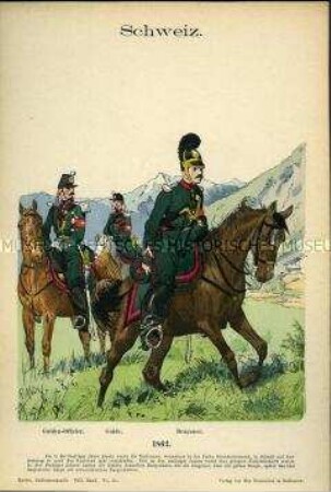 Uniformdarstellung, Guiden-Offizier, Guide und Dragoner, Schweiz, 1862.