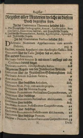 Register aller Materien welche in diesem Buch begriffen seyn