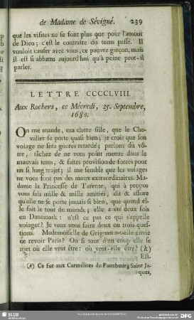 Lettre CCCCLVIII. Aux Rochers, ce Mécredi, 25. Septembre, 1680
