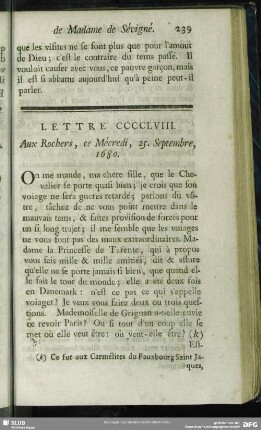 Lettre CCCCLVIII. Aux Rochers, ce Mécredi, 25. Septembre, 1680