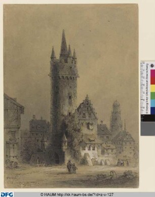 Alter Torturm mit Umgebung in Frankfurt am Main, in der Ferne der Dom