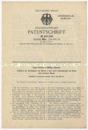 Patentschrift einer Gussform zur Herstellung von Röhren durch Schleuderguss, Patent-Nr. 447289