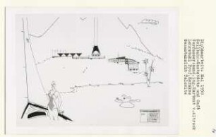 Alpine Seilbahn, Gaststätte und Café, Ruhpolding (Diplomarbeit bei Bernhard Hermkes): Perspektivische Gesamtansicht Talseite
