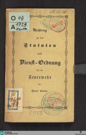 Nachtrag zu den Statuten und Dienst-Ordnung für die Feuerwehr der Stadt Baden