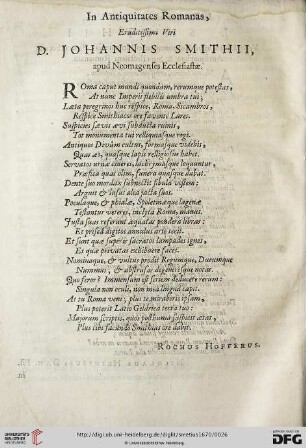 In Antiquitates Romanas, Eruditissima Viri D. Johannis Smithii, apud Neomagenses Ecclesiastæ