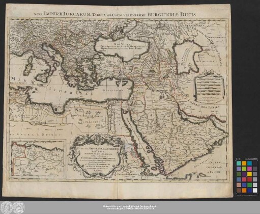 Estats De L'Empire Du Grand Seigneur Des Turcs, En Europe, En Asie, et En Afrique : divisé en tous ses Beglerbeglicz, ou Gouvernements, où sont aussi remarqués les Estats qui luy sont Tributaires ; Dressé sur les plus Nouvelles Relations ; A L'Usage De Monseigneur Le Duc De Bourgogne ; Avec Privilege du Roy, pour Vingt Ans