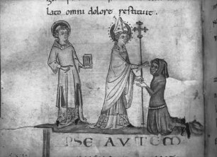 Vita Sancti Martini — Sankt Martin heilt den erblindeten Paulinus, Folio 38 verso