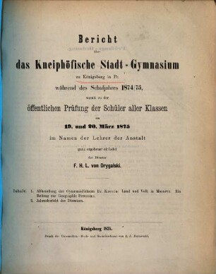 Bericht über das Kneiphöfische Stadt-Gymnasium zu Königsberg i. Pr. : während des Schuljahres .... 1874/75