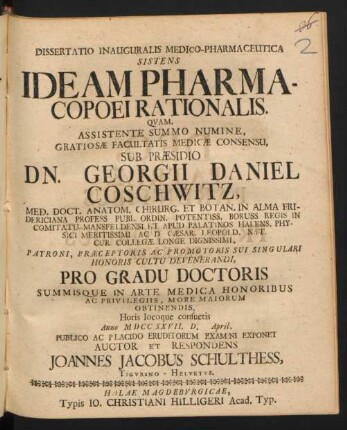 Dissertatio Inauguralis Medico-Pharmaceutica Sistens Ideam Pharmacopoei Rationalis