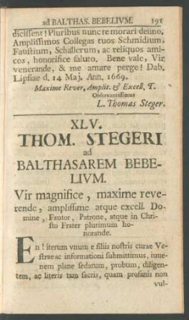 XLV. Thom. Stegeri ad Balthasarem Bebelium