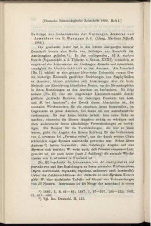 Beiträge zur Lebensweise der Gattungen Atemeles und Lomechusa von E. Wasmann S. J. (Haag, Martinus Nijhoff, 1888.)