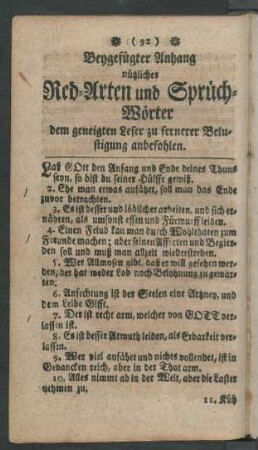 Beygefügter Anhang nützlicher Red-Arten und Sprüch-Wörter dem geneigten Leser zu fernerer Belustigung anbefohlen