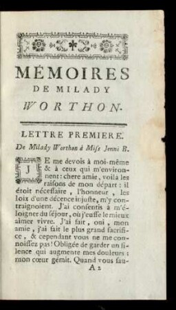 Mémoires De Milady Worthon.